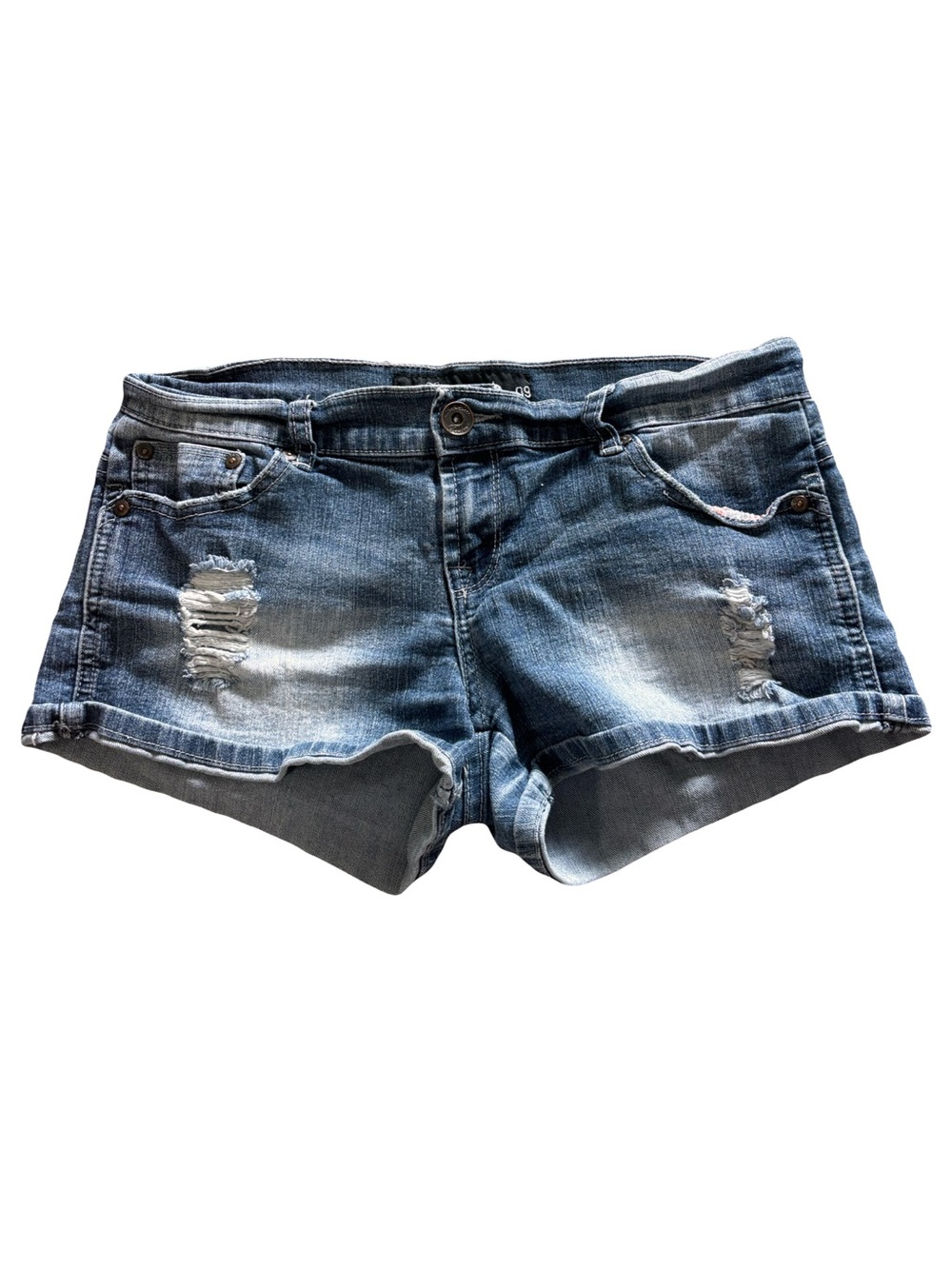 Early 2000’s Women’s Distressed Low Rise Denim Mini Shorts - Blue Washed